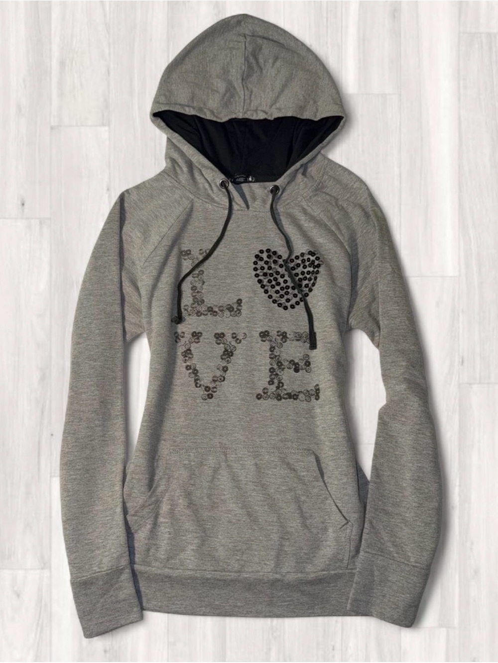 Y2K Eye Candy Grey Love Hoodie with Sequins Details Size L